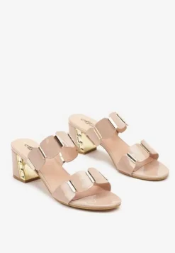 Beżowe Klapki na Obcasie z Metalicznym Zdobieniem z Ozdobnymi Paskami Morilena