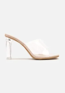Beżowe Klapki na Przezroczystym Słupku Ozdobione Kwadratowym Noskiem Santhera
