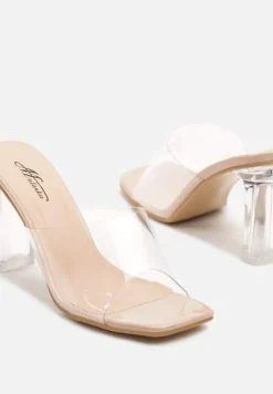 Beżowe Klapki na Przezroczystym Słupku Ozdobione Kwadratowym Noskiem Santhera