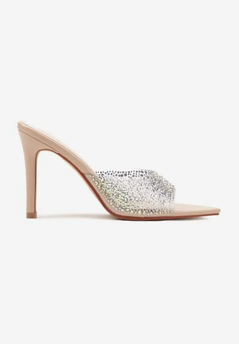 Beżowe Klapki na Szpilce Ozdobione Przezroczystą Cholewką i Cyrkoniami Lorfitia