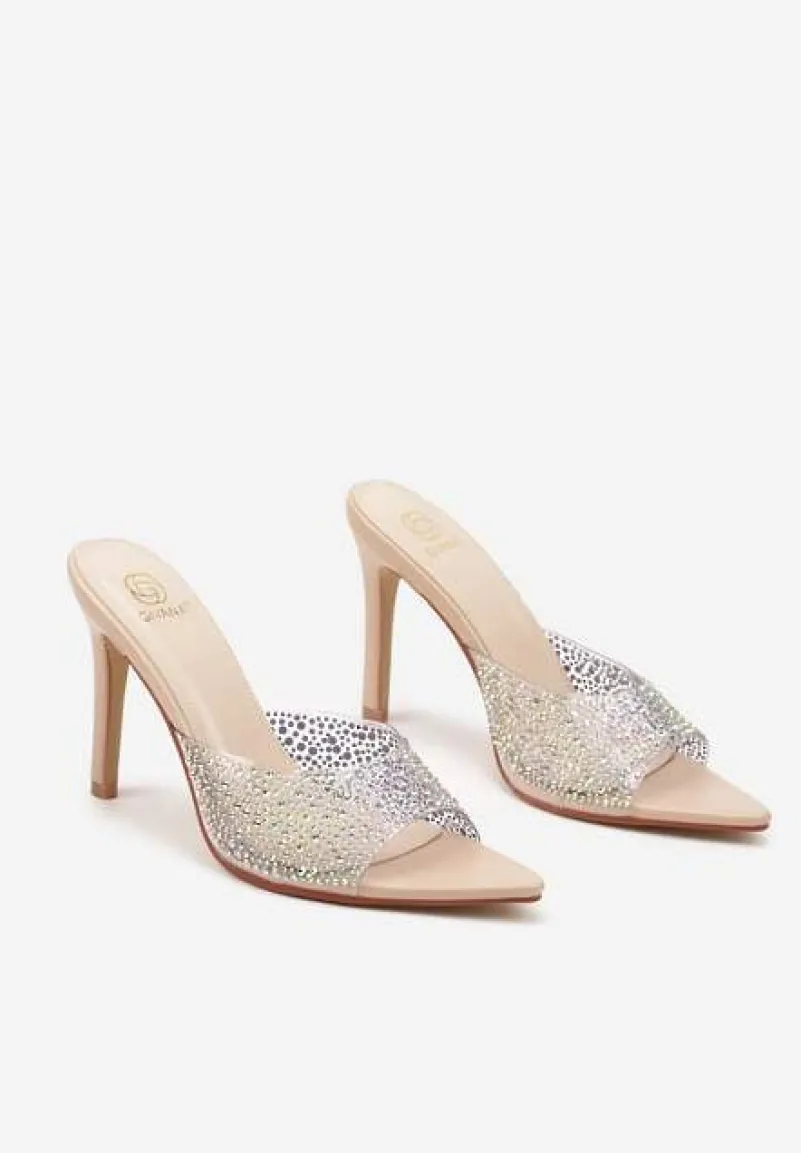 Beżowe Klapki na Szpilce Ozdobione Przezroczystą Cholewką i Cyrkoniami Lorfitia