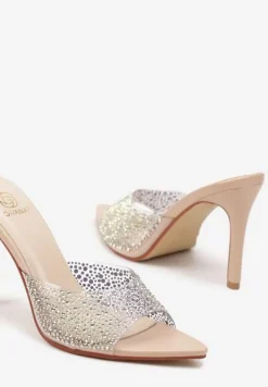 Beżowe Klapki na Szpilce Ozdobione Przezroczystą Cholewką i Cyrkoniami Lorfitia