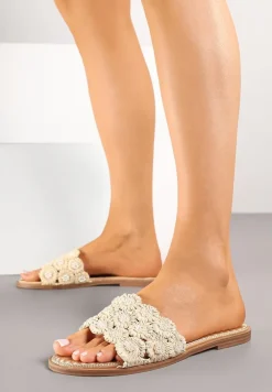 Beżowe Klapki Ozdobione Haftem Talanessa