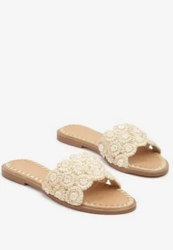 Beżowe Klapki Ozdobione Haftem Talanessa
