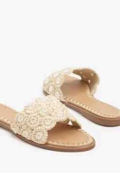 Beżowe Klapki Ozdobione Haftem Talanessa