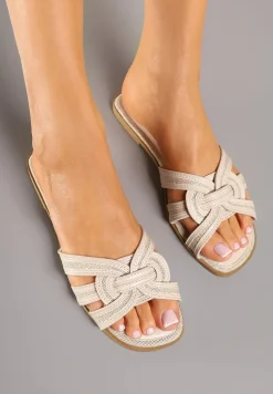 Beżowe Klapki Ozdobione Paskami Telonilia