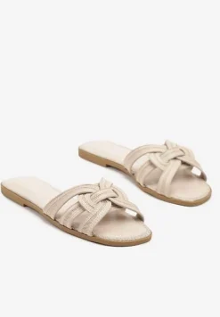 Beżowe Klapki Ozdobione Paskami Telonilia