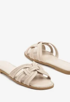 Beżowe Klapki Ozdobione Paskami Telonilia