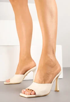 Beżowe Klapki Vices na Obcasie Typu Szpilka z Kwadratowym Noskiem Mevodina