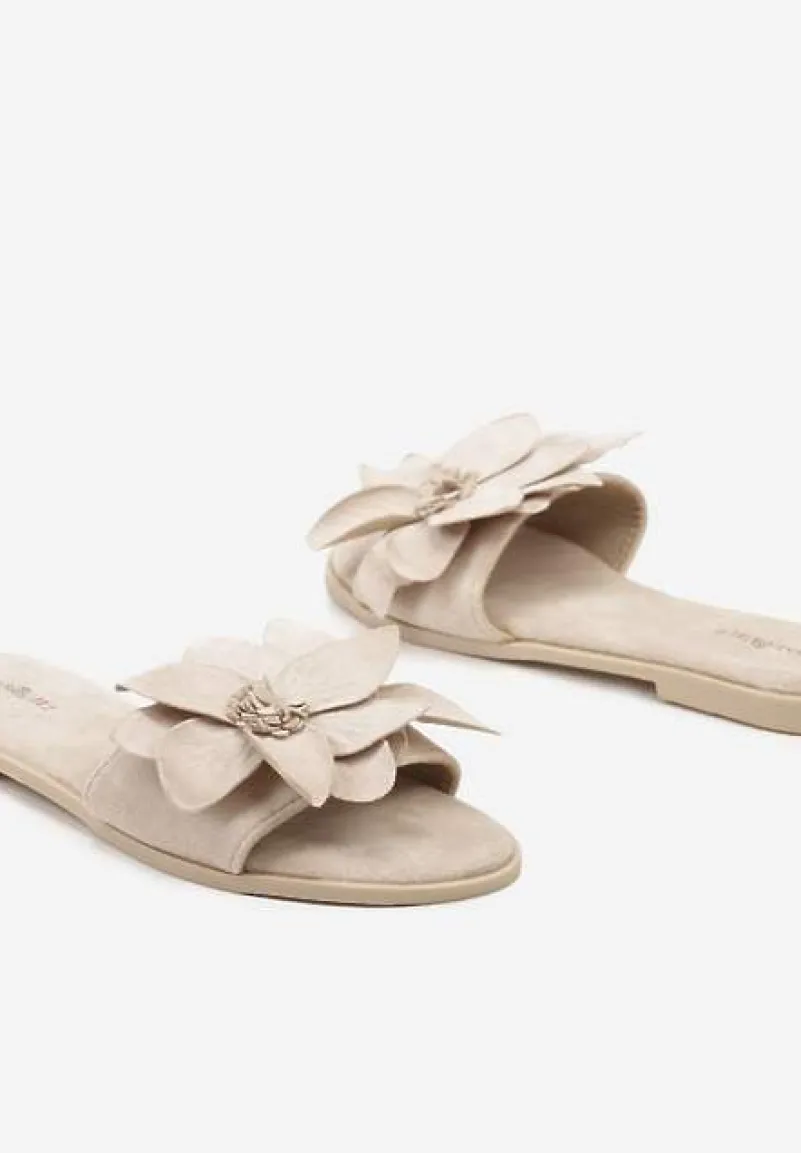 Beżowe Klapki z Ekozamszu na Płaskiej Podeszwie z Ozdobnym Kwiatem Ellesara