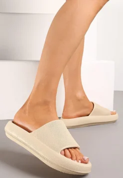 Beżowe Klapki z Lekkiej Pianki z Szerokim Paskiem Aekmet