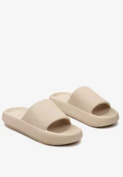 Beżowe Klapki z Lekkiej Pianki z Szerokim Paskiem Aekmet