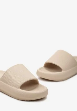 Beżowe Klapki z Lekkiej Pianki z Szerokim Paskiem Aekmet