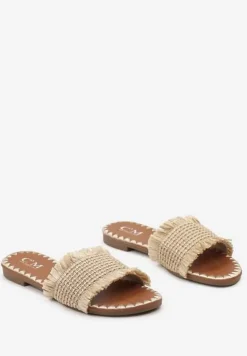 Beżowe Klapki z Plecionym Paskiem z Krótkimi Frędzlami Libbiana
