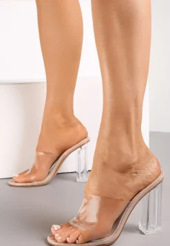 Beżowe Klapki z Transparentnym Paskiem i Obcasem Typu Słupek Zamallo