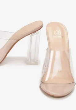 Beżowe Klapki z Transparentnym Paskiem i Obcasem Typu Słupek Zamallo