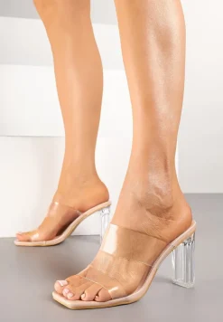 Beżowe Klapki z Transparentnymi Paskami i Słupkiem Galinda