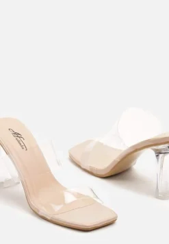 Beżowe Klapki z Transparentnymi Paskami i Słupkiem Galinda