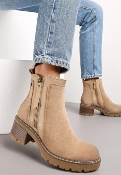 Beżowe Klasyczne Botki na Obcasie z Dekoracyjnym Suwakiem Vanim