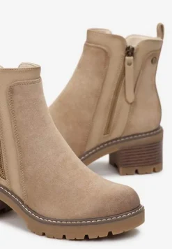 Beżowe Klasyczne Botki na Obcasie z Dekoracyjnym Suwakiem Vanim