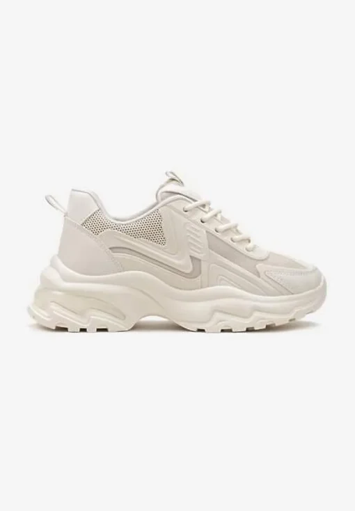 Beżowe Klasyczne Sneakersy Sznurowane na Niskiej Platformie Lenivia