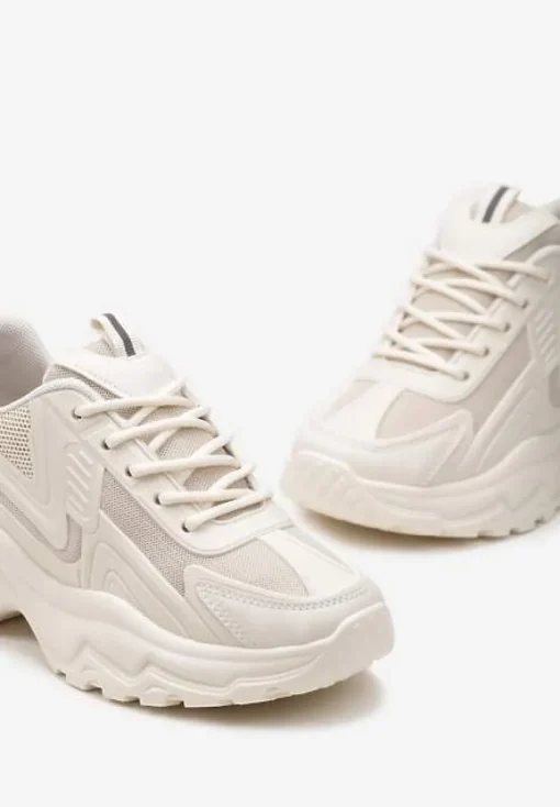 Beżowe Klasyczne Sneakersy Sznurowane na Niskiej Platformie Lenivia