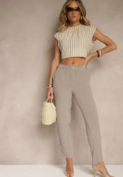 Beżowe Klasyczne Spodnie Regular Waist z Gumką w Pasie Tilomira