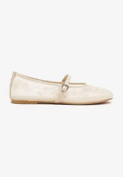 Beżowe Koronkowe Balerinki w Stylu Mary Jane z Haftowanej Siateczki Tilaverra