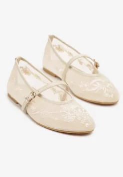 Beżowe Koronkowe Balerinki w Stylu Mary Jane z Haftowanej Siateczki Tilaverra