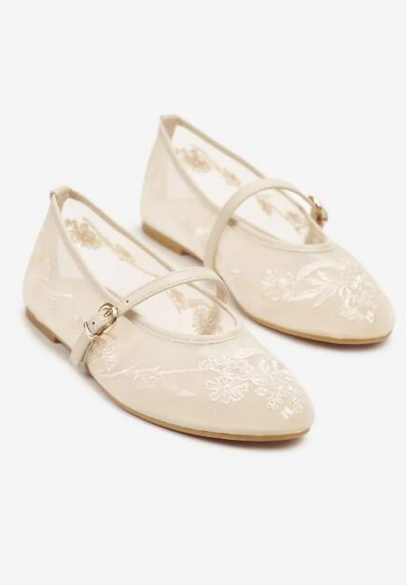 Beżowe Koronkowe Balerinki w Stylu Mary Jane z Haftowanej Siateczki Tilaverra