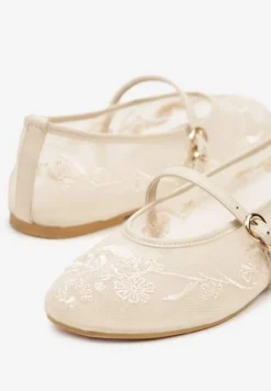 Beżowe Koronkowe Balerinki w Stylu Mary Jane z Haftowanej Siateczki Tilaverra