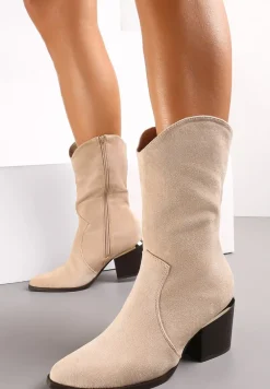 Beżowe Kowbojki Botki na Obcasie Ozdobionym Metaliczną Wstawką Magura