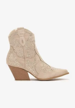 Beżowe Kowbojki Botki z Cyrkoniami na Stożkowym Słupku Mevaela