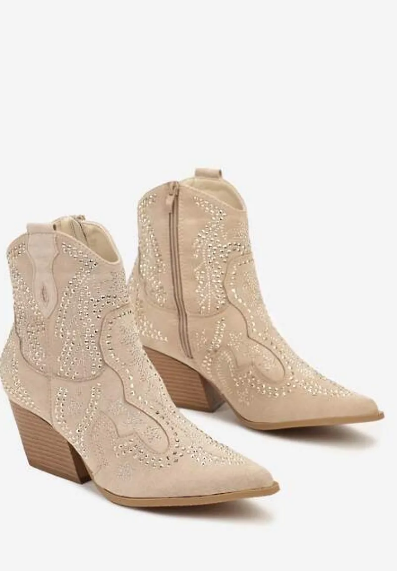 Beżowe Kowbojki Botki z Cyrkoniami na Stożkowym Słupku Mevaela