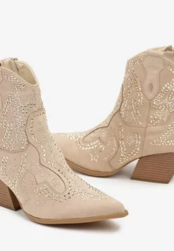 Beżowe Kowbojki Botki z Cyrkoniami na Stożkowym Słupku Mevaela