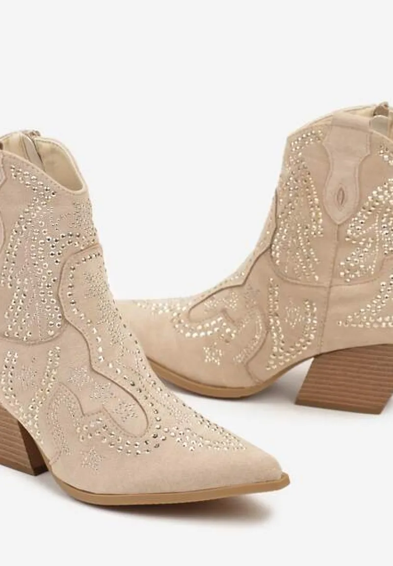Beżowe Kowbojki Botki z Cyrkoniami na Stożkowym Słupku Mevaela