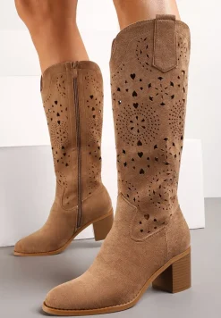 Beżowe Kozaki Kozaki w Stylu Boho na Słupku z Wkładką z Naturalnej Skóry Idracasa