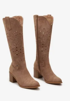 Beżowe Kozaki Kozaki w Stylu Boho na Słupku z Wkładką z Naturalnej Skóry Idracasa