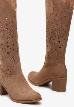 Beżowe Kozaki Kozaki w Stylu Boho na Słupku z Wkładką z Naturalnej Skóry Idracasa