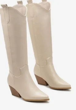 Beżowe Kozaki Kowbojki przed Kolano na Stożku Florra