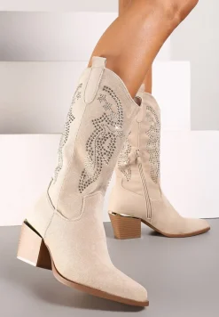 Beżowe Kozaki Kowbojki z Haftem na Cholewce i Metalowym Akcentem przy Obcasie Tialethe