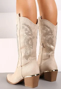 Beżowe Kozaki Kowbojki z Haftem na Cholewce i Metalowym Akcentem przy Obcasie Tialethe