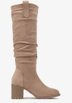Beżowe Kozaki na Obcasie z Imitacji Zamszu Ozdobione Patkami Tulila