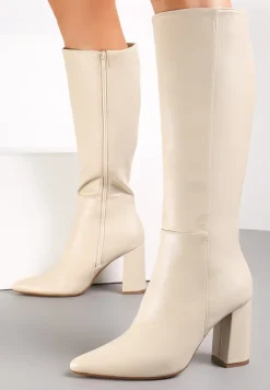 Beżowe Kozaki na Obcasie ze Szpiczastym Noskiem Geldona