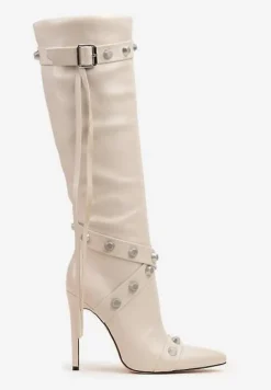 Beżowe Kozaki na Obcasie ze Szpiczastym Noskiem Zdobione Ćwiekami i Paskami przy Cholewce Zinadea