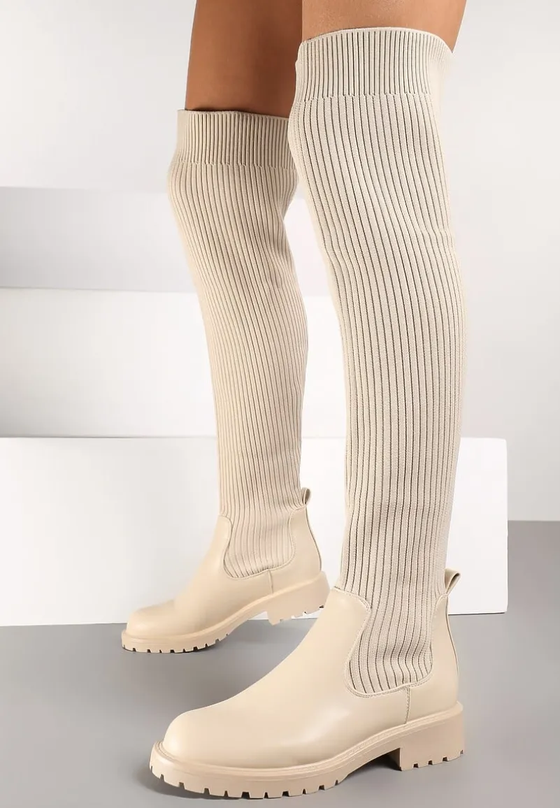 Beżowe Kozaki na Płaskiej Podeszwie z Elastyczną Cholewką Ellittia