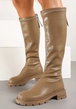 Beżowe Kozaki na Płaskiej Podeszwie z Elastyczną Cholewką i Suwakiem z Tyłu Valadi