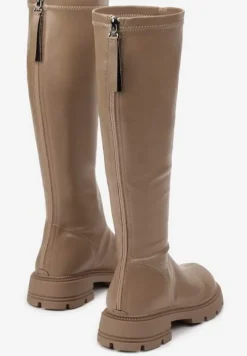 Beżowe Kozaki na Płaskiej Podeszwie z Elastyczną Cholewką i Suwakiem z Tyłu Valadi