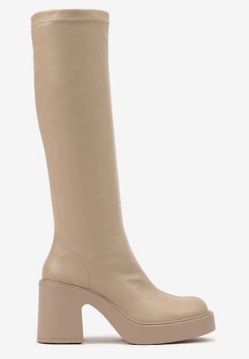 Beżowe Kozaki na Platformie i Słupku z Dopasowaną Cholewką Astila