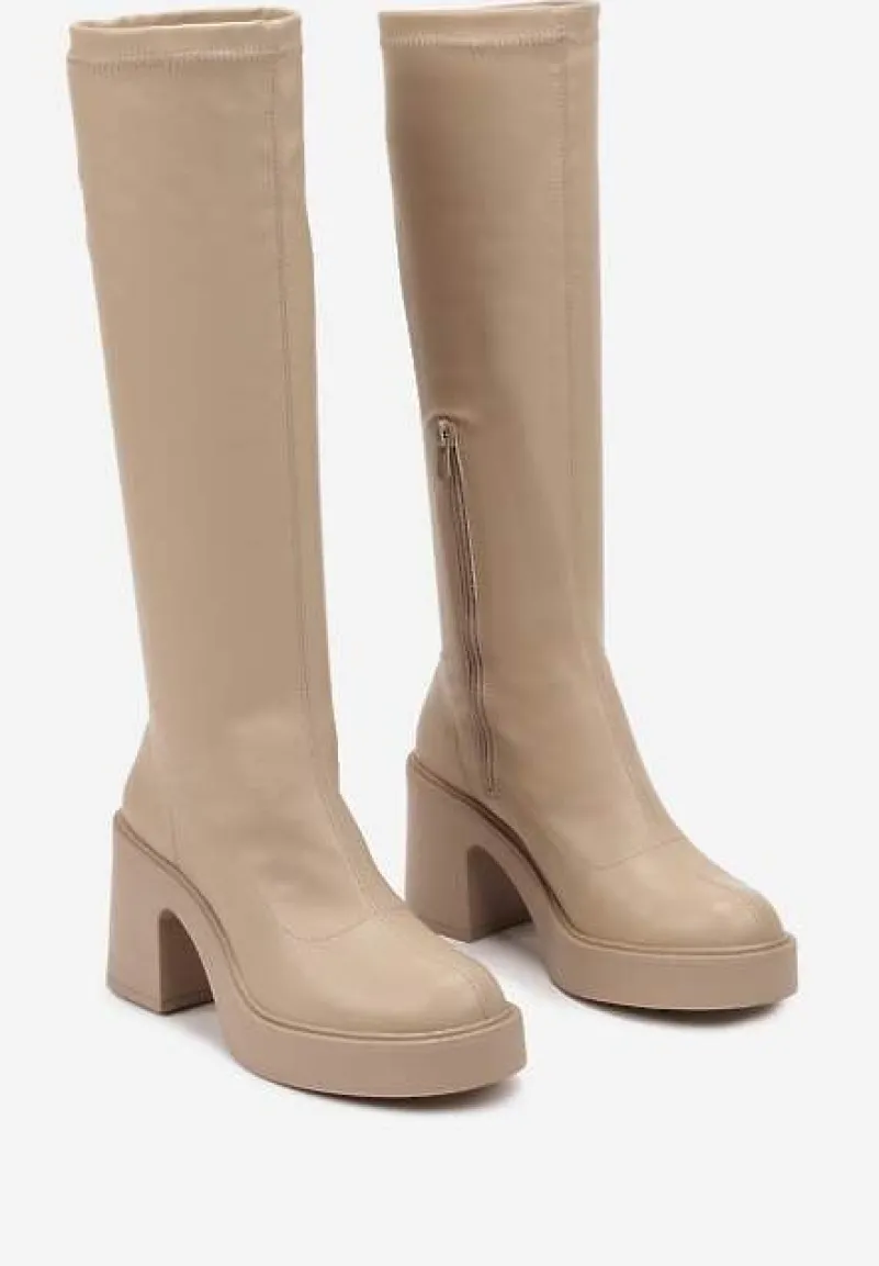 Beżowe Kozaki na Platformie i Słupku z Dopasowaną Cholewką Astila